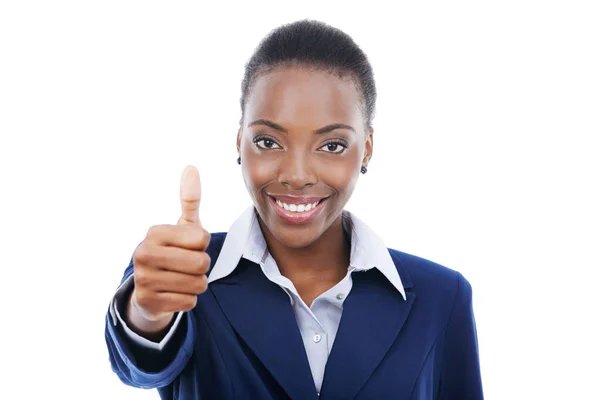 大拇指向上翘着 描绘着一个有着一致和幸福的白人背景的经商黑人妇女 非洲人 企业家 感谢你亲笔签名 以获得反馈或类似的评价 — 图库照片