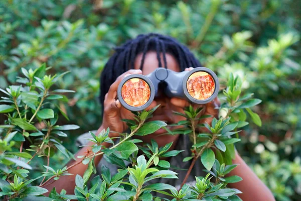 Boy Kid Binoculars Search Nature While Learning Fun Forest Adventure — Stock Photo, Image
