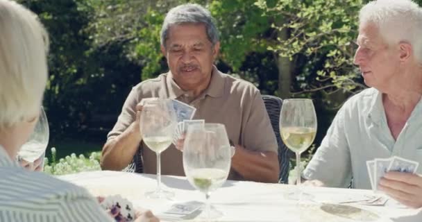 Senior Przyjaciele Karty Gry Lub Wina Świeżym Powietrzu Dla Społeczności — Wideo stockowe