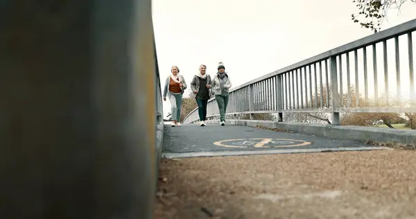 Senior women group, bridge and fitness with power walk, jog or training together for health in retirement. Elderly lady team, light running and moving for exercise, outdoor workout or support in park.