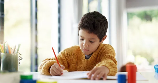 Estudiante Dibujante Niño Escribiendo Tareas Cuaderno Educación Del Jardín Infantes — Foto de Stock
