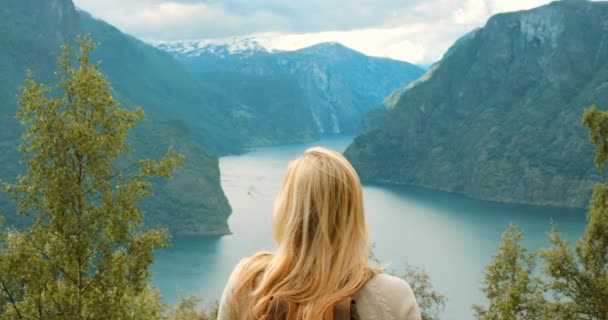 Mulher Turista Liberdade Montanha Floresta Vista Para Lago Norueguês Com — Vídeo de Stock