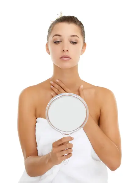 Face Check Woman Mirror Studio Aging Treatment Skincare Results White — Stock Photo, Image