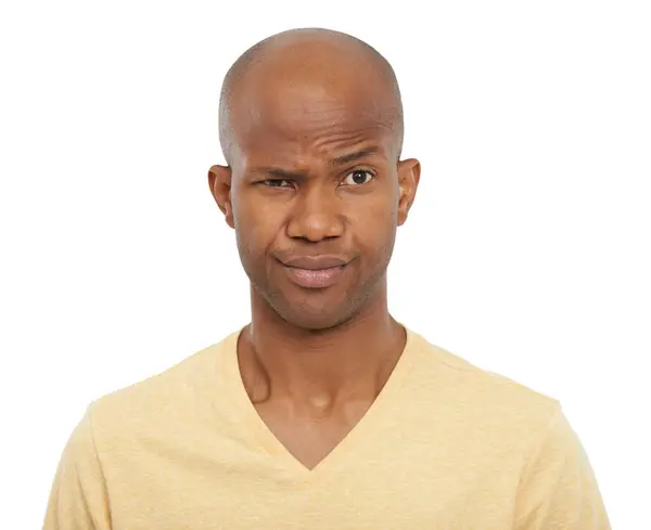 Portrait Thinking Confused Black Man Doubt Expression Isolated White Studio — Stock Photo, Image