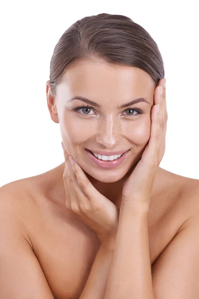 Woman Hands Portrait Dermatology Skincare Cosmetics Hair Confident Face Skin — Stock Photo, Image