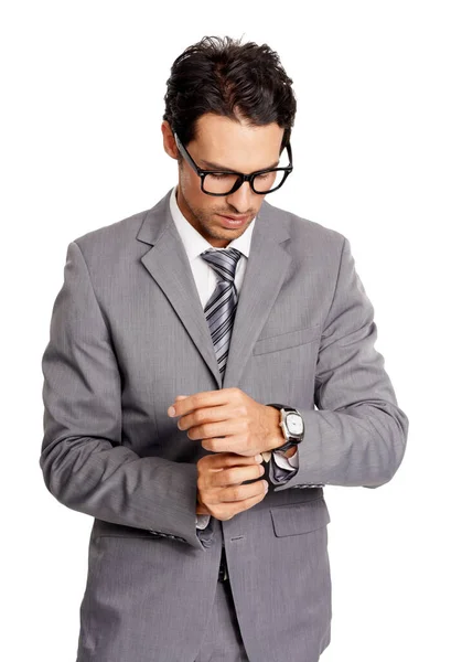 Formal Negócios Homem Ajustam Terno Com Moda Estilo Relógio Pulso — Fotografia de Stock
