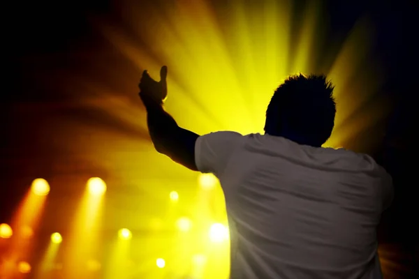 Music Concert Man Celebration Night Event Cheering Lights Stage Dark — Stock Photo, Image