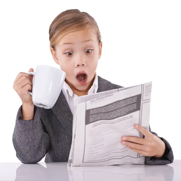 Young Child Reading Newspaper Headlines Studio Shock Business Coffee Surprise — Stock Photo, Image