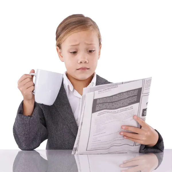 Shocked Child Reading Newspaper Studio Confused Business Coffee Surprise Daily — Stock Photo, Image