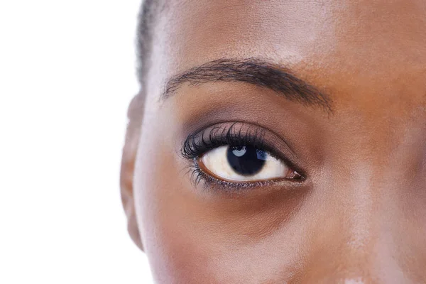 Half Face Eye Black Woman Closeup Beauty Dermatology White Background — Stock Photo, Image