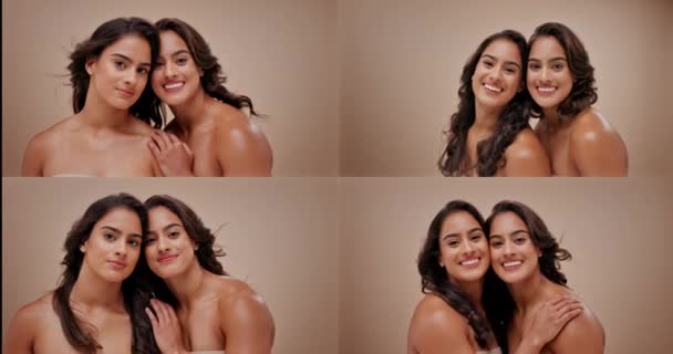 Belleza Collage Viento Gemelos Estudio Sobre Fondo Beige Con Sonrisa — Vídeo de stock