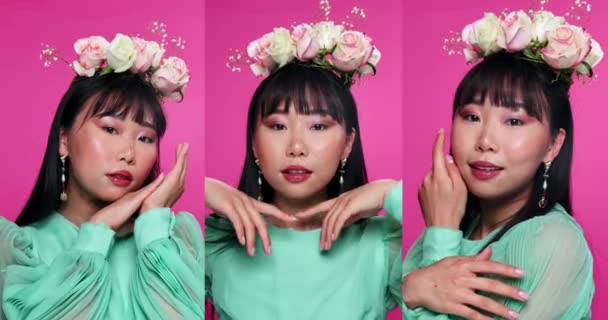 Twarz Piękno Kwiaty Azjatycką Collage Kobieta Studio Różowym Tle Dla — Wideo stockowe