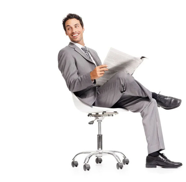Business Man Happy Reading Newspaper Studio Headlines Information Current Events — Stock Photo, Image