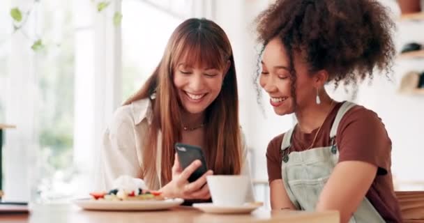 Kawiarnia Przyjaciele Kobiety Smartfonem Uśmiech Relaks Mediów Społecznościowych Lub Meme — Wideo stockowe