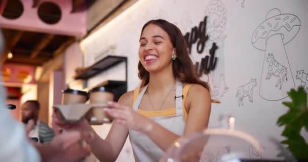 Coffee Takeaway Barista Giving Order Cafe Happy Service Hospitality Woman — Stock Video