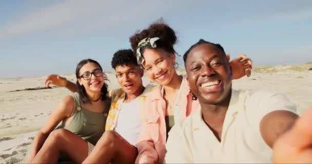 Selfie Ευτυχισμένη Και Παρέες Φίλων Στην Παραλία Για Διακοπές Περιπέτεια — Αρχείο Βίντεο
