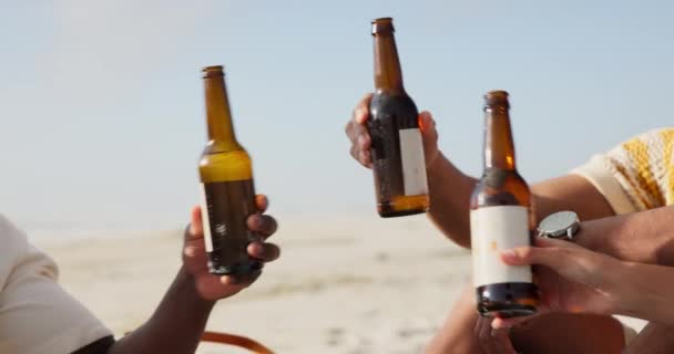Ręce Piwo Okrzyki Świętowanie Plaży Jedność Wsparcie Imprezie Plenerowej Weekend — Wideo stockowe