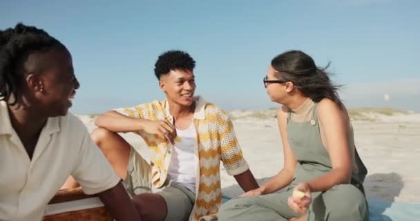 Feliz Conversando Amigos Praia Para Férias Férias Verão Fim Semana — Vídeo de Stock