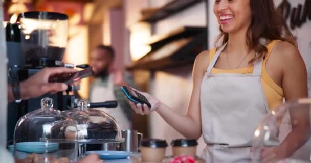 Cliente Pago Pos Con Teléfono Cafetería Para Transacciones Sin Papel — Vídeos de Stock