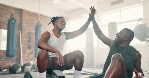 高五和朋友在健身房 健康和面对与骄傲 尊重和快乐的训练在一起 非洲男人 笑着锻炼身体 锻炼身体 团队合作 为健康欢呼 — 图库视频影像