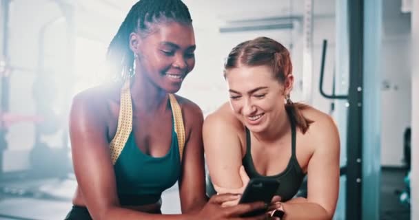 健身房的朋友 手机和人们都在谈论网上健身常规 运动和女性咨询伙伴的运动文章 为社交网络应用提供电话 对话和放松的团队培训 — 图库视频影像