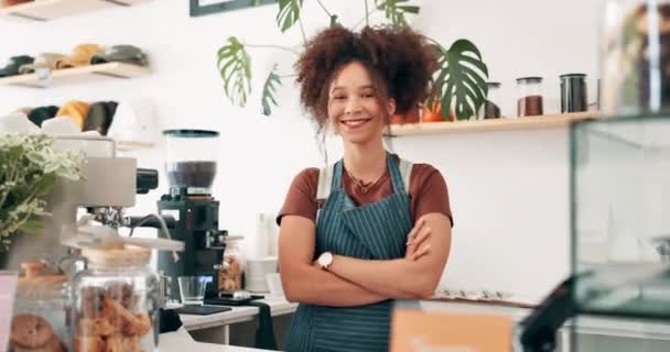 Femme Propriétaire Café Bras Croisés Comptoir Pour Accueil Service Clientèle — Video