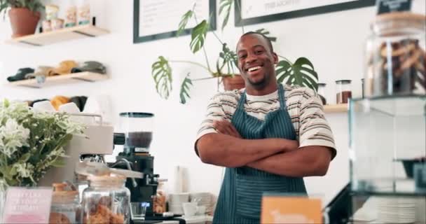 Black Man Cafe Business Owner Arms Crossed Counter Welcome Customer — Stock Video