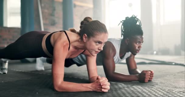 体操馆的人员 跳板和地板上的健身 用于锻炼 核心力量或腹部训练 不同种族的男子和妇女为了健康和健康 一起在地上进行锻炼 耐力或耐力训练 — 图库视频影像