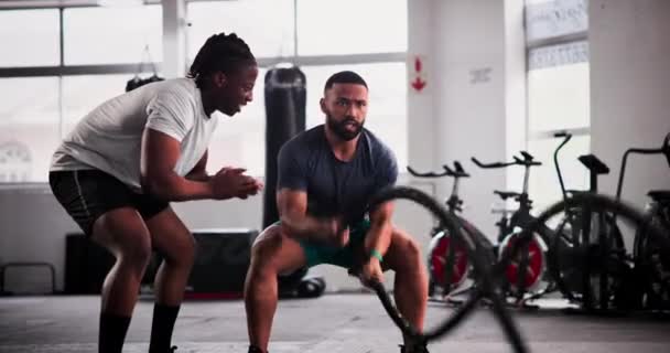Hombre Entrenador Cuerda Batalla Gimnasio Para Entrenamiento Ejercicio Resistencia Muscular — Vídeo de stock