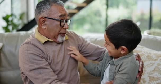 Grandparent Love Boy Grandfather Sofa Hug Bonding Conversation Home Kids — Stock Video