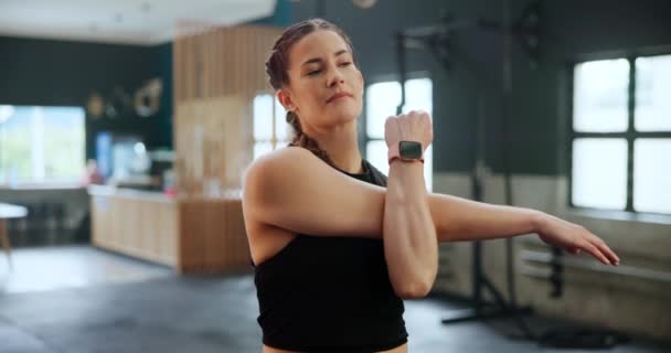 Fitness Ginásio Mulher Esticando Braços Para Corpo Saudável Bem Estar — Vídeo de Stock