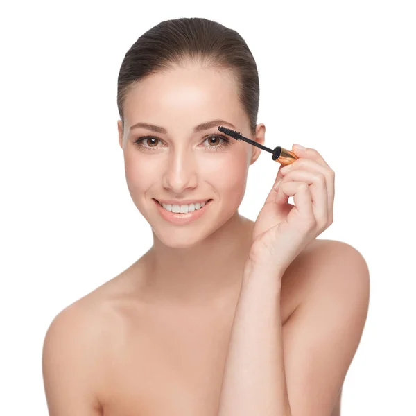 Mascara Borste Och Kvinna Porträtt Med Makeup För Skönhet Kosmetisk — Stockfoto