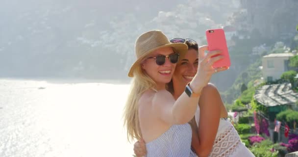 Selfie Amici Donne Con Estate Oceano Positano Italia Montagne Con — Video Stock