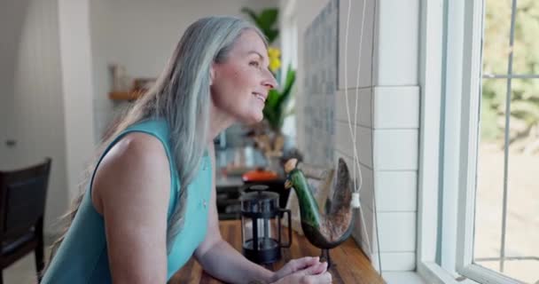 Женщина Улыбка Окно Кухне Думать Жизни Памятование Выход Пенсию Старости — стоковое видео