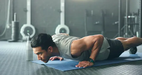 Fitness, man and pushups for muscle, exercise or training workout for strength or power at the gym. Athletic male in sport exercising lifting body with arms on the floor for strong muscles indoors.