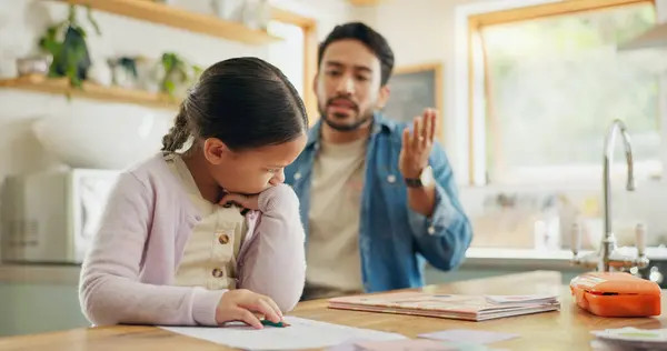 Angry Dad Crying Child Homework Scolding Kitchen Helping Study Conflict — Stock Photo, Image