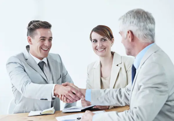 Handshake Happy Business People Smile Partnership Agreement B2B Deal Meeting — Stock Photo, Image