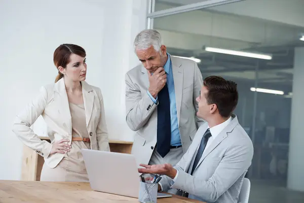 Laptop Conversation Business People Office Research Corporate Legal Project Collaboration — Stock Photo, Image