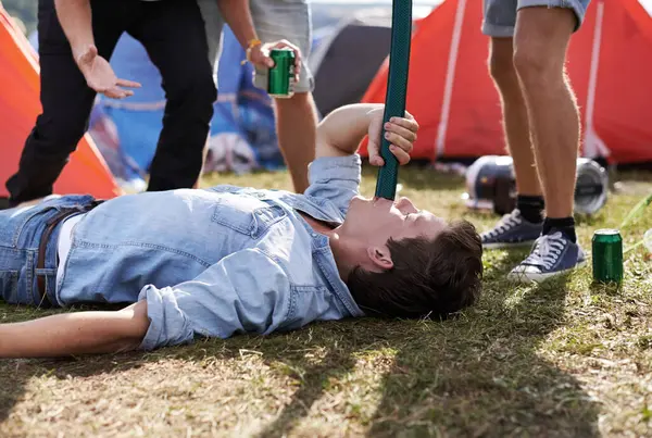 Alcohol Drinking Funnel Man Festival Ground Event Party Social Gathering — Stock Photo, Image
