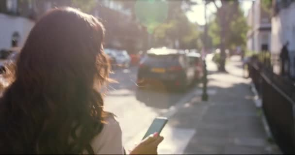 Kadın Arkası Akıllı Telefon Seyehat Işe Gidip Gelme Sosyal Medya — Stok video