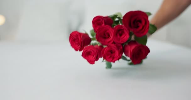 Rosas Vermelhas Cama Mão Pessoa Com Presente Dia Dos Namorados — Vídeo de Stock