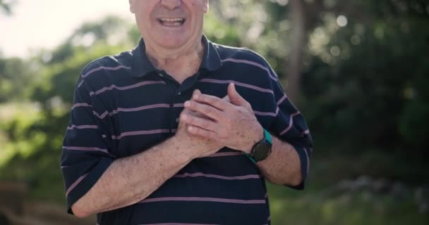 Руки Боль Груди Сердечный Приступ Старика Улице Проблемы Дыханием Легкие — стоковое видео