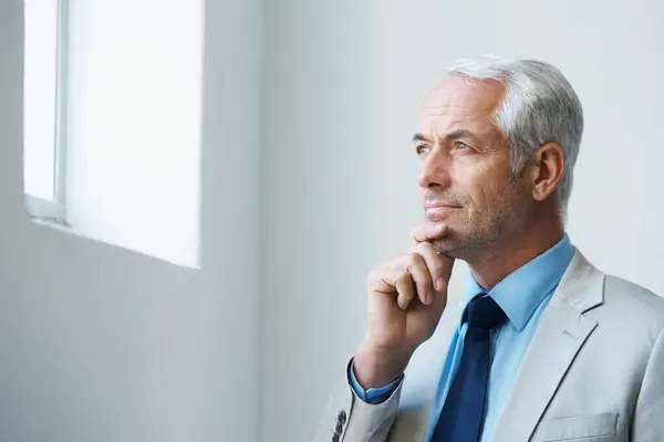 Thinking Mature Businessman Office Suit Looking Window Confident Thoughts Corporate — Stock Photo, Image