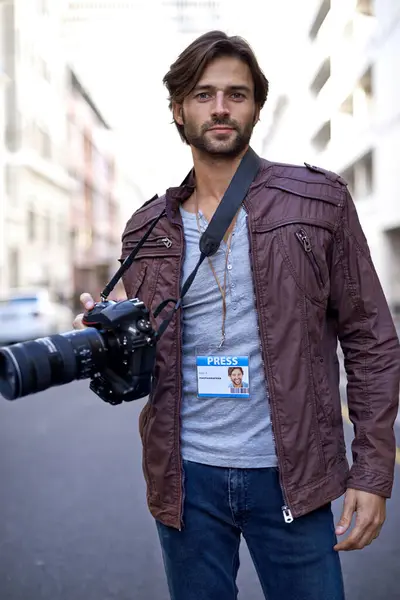 Press Photographer Portrait Camera Outdoor City Photoshoot Gear Film Street — Stock Photo, Image