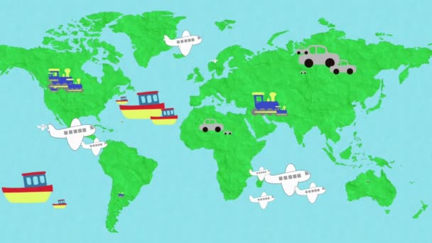 Animasyon Dünya Haritası Lojistik Ulaşımı Gemi Tren Uçakla Nakliyat Araçlarla — Stok video