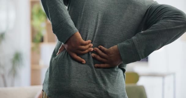 Rückenschmerzen Hände Und Mann Haus Mit Gelenkentzündung Krise Oder Anatomie — Stockvideo