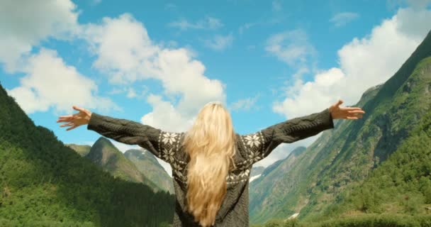 開いた腕 または自然の冒険でハイキングする女性は 屋外の休暇を探索します 旅行者 または旅行 自由またはノルウェーでの旅のためのバックパック付きのハイカーのトレッキングの背中 — ストック動画