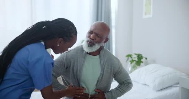 Altenpflege Krankenschwester Und Schwarzer Mann Mit Schmerzen Bauch Für Beratung — Stockvideo