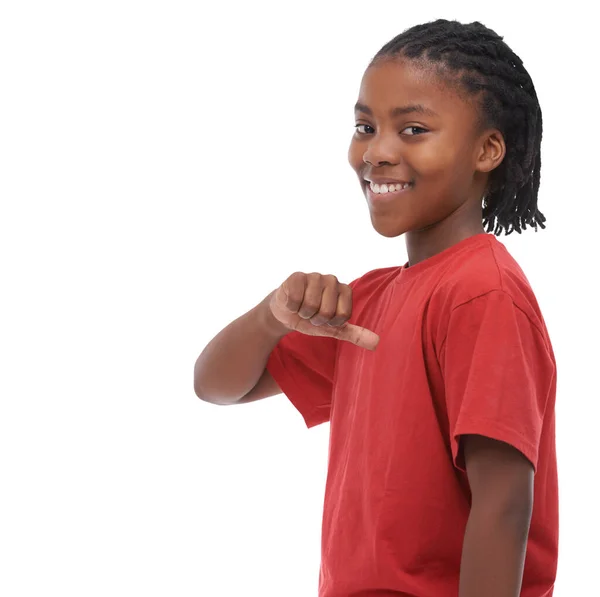 Portrait Smile Pointing Boy Black Child Studio Isolated White Background — Stock Photo, Image