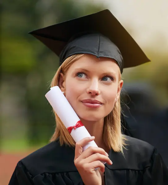 Graduation Certificate Vision Student Woman Outdoor Campus University College Event — Stock Photo, Image